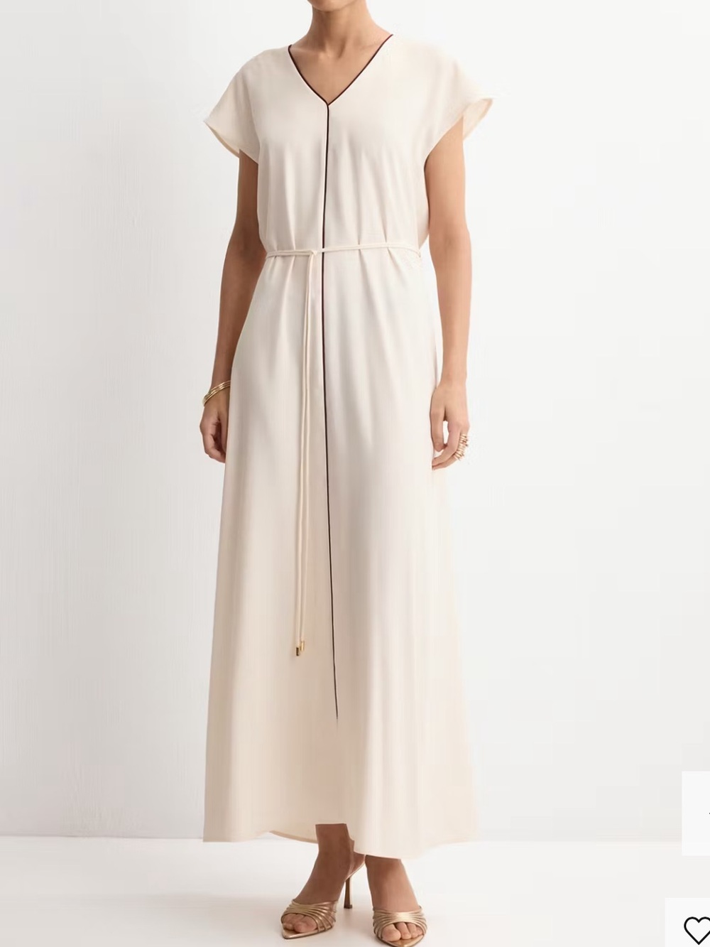 Mango Cream Long V-Neck Nightgown with Black Piping BELT DETAIL DRESS 4081